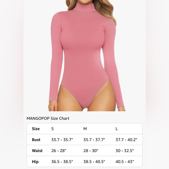 MANGOPOP Women's Mock Turtle Neck Long Sleeve Tops Bodysuit Baby Pink- Size M - Picture 4 of 7